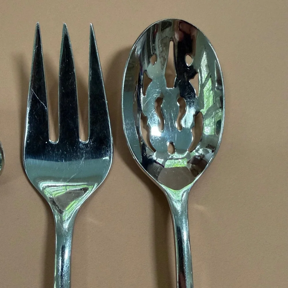 Gorham Colonial Tipt Glossy Stainless Hostess Serving Set Forks Ladle Spoon 5pc